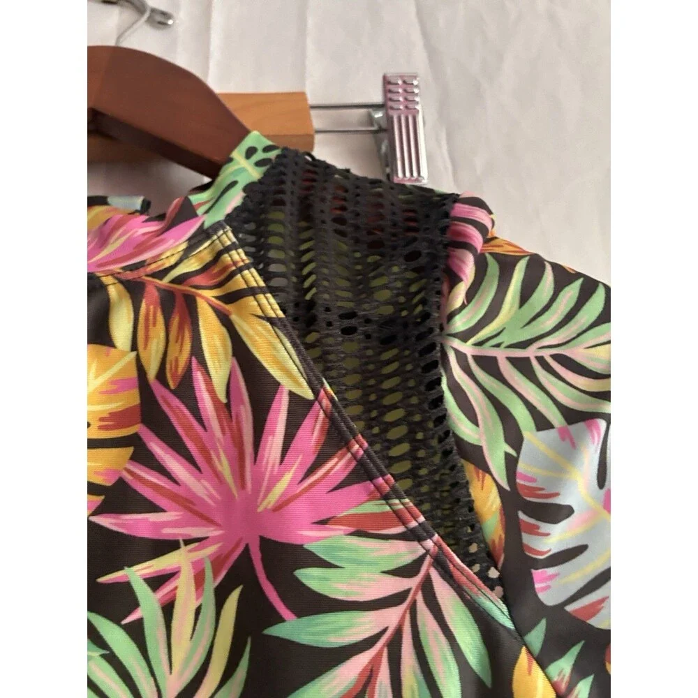 Art Class Girls Swimsuit L 10/12 Tropical Floral One Piece Mesh Zip Back